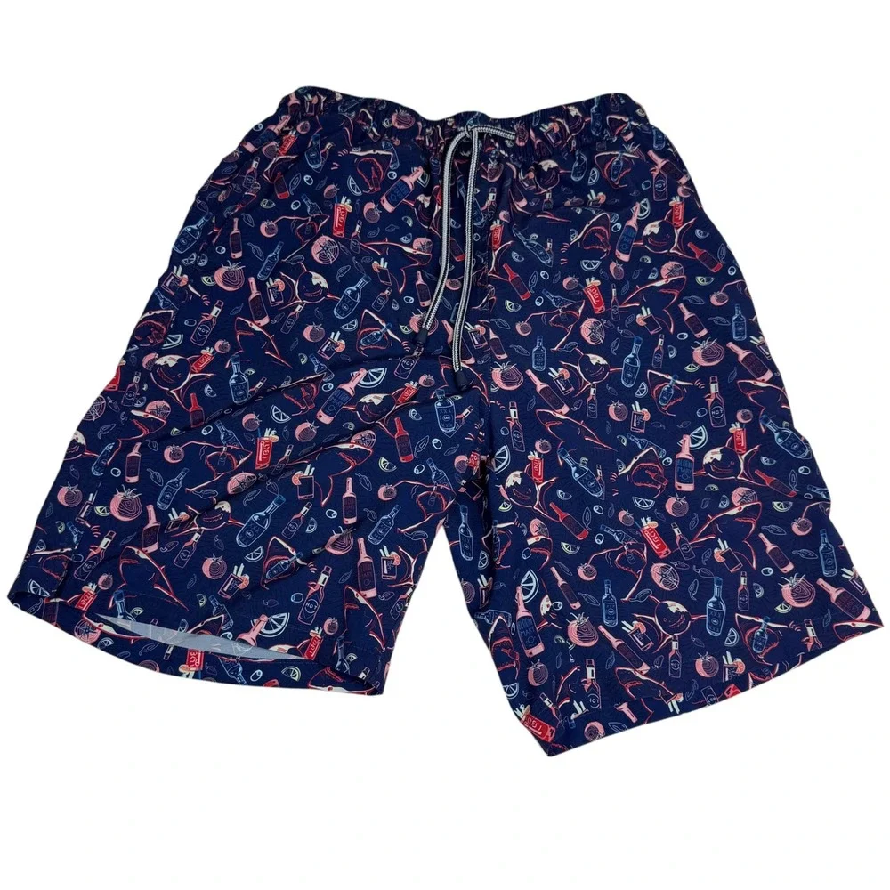 Peter Millar Mens Navy Bloody Mary‎ Cocktail Print Swim Trunks Size Small